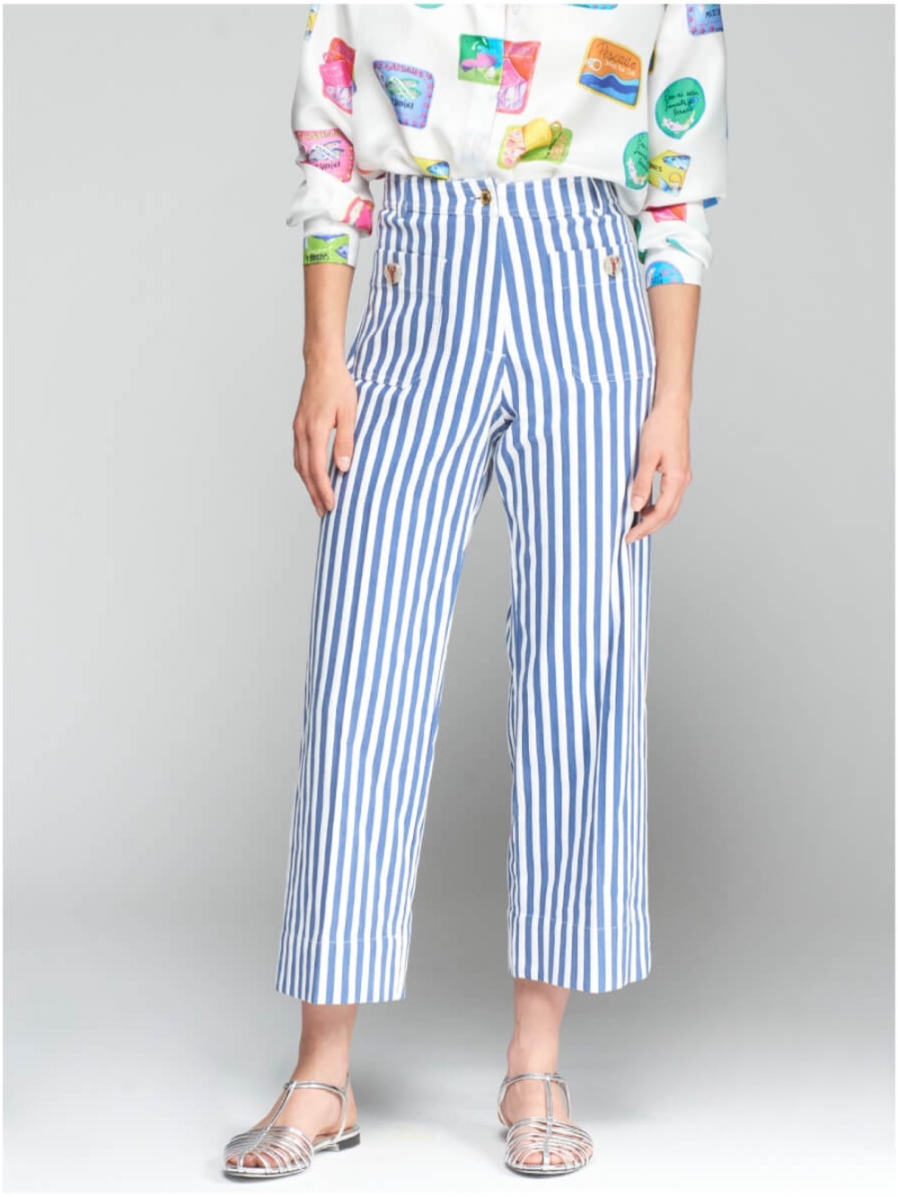 Vilagallo Blue & White Vertical Stripe Cropped Wide Leg Pants